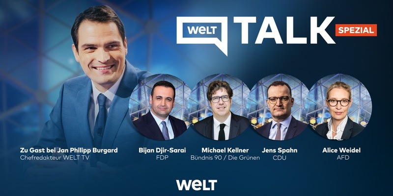 WELT TV mit Sondersendung zu Landtagswahlen / ab 21 Uhr WELT Talk mit Alice Weidel (AfD), Jens Spahn (CDU), Bijan Djir-Sarai (FDP) und Michael Kellner (Bündnis 90/Die Grünen) - Foto: presseportal.de