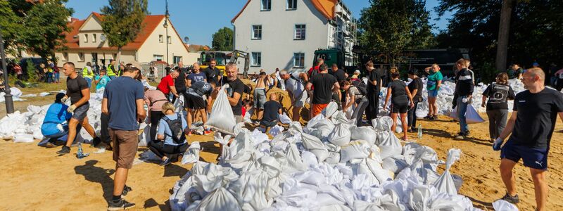 Menschen arbeiten in Polen an der Verstärkung der Deiche. - Foto: Krzysztof Zatycki/ZUMA Press Wire/dpa