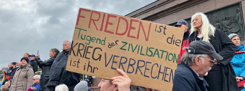 Viele Teilnehmer der Demonstration in Berlin, zu der das Bündnis Nie wieder Krieg aufgerufen hatte, hatten ihre eigenen Plakate mitgebracht. - Foto: Verena Schmitt-Roschmann/dpa