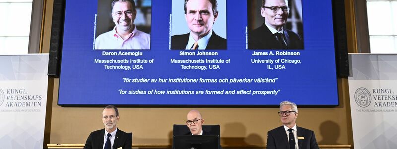 Die Ökonomen Daron Acemoglu, Simon Johnson und James A. Robinson erhalten den diesjährigen Wirtschaftsnobelpreis. - Foto: Christine Olsson/TT News Agency/AP