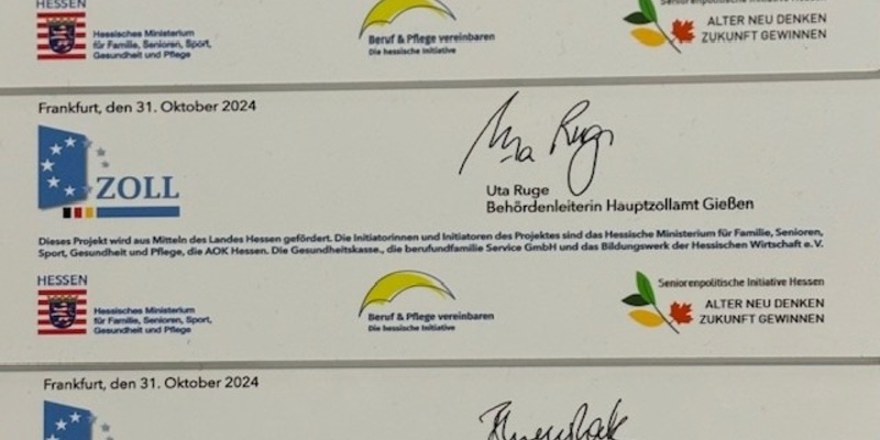 HZA-GI: Verleihung der Urkunden zur Charta Vereinbarkeit Beruf und Pflege an drei Hauptzollämter in der Region - Foto: presseportal.de