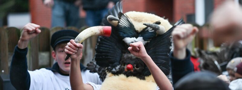 Die Klaasohms tragen traditionell Masken, Schafsfelle und Vogelfedern. - Foto: Lars Penning/dpa