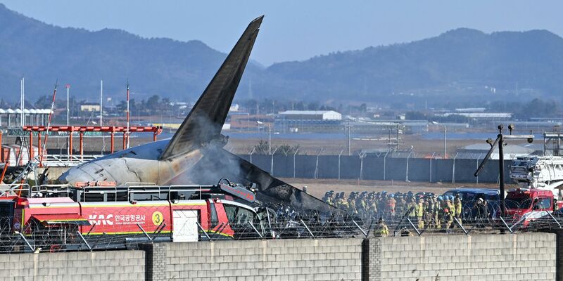 Das Flugzeug zerschellte an einer Mauer und ging in Flammen auf.  - Foto: Lee Young-ju/Newsis/AP/dpa