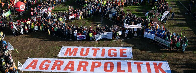 Diesmal durften die Bauern nicht mit Traktoren demonstrieren - dafür gab es große Banner. - Foto: Fabian Sommer/dpa