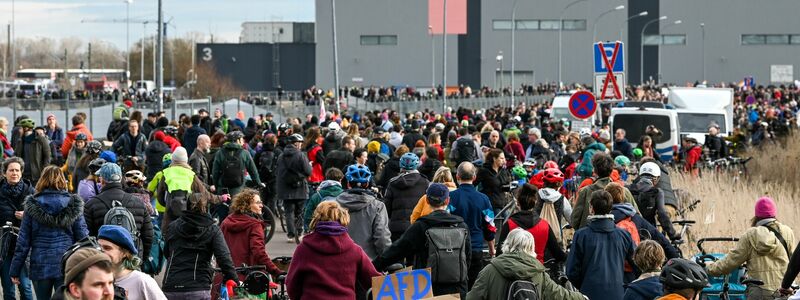 Nach Polizeiangaben versammelten sich an der Messe in Halle etwa 8.000 Gegendemonstranten. - Foto: Heiko Rebsch/dpa