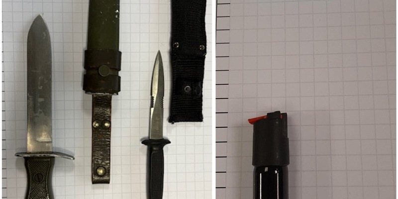 BPOL NRW: Bundespolizei findet Kampfmesser, zweiseitig geschliffenes Messer und Pfefferspray - Foto: presseportal.de