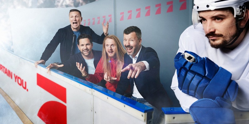 Basti Schwele Matthias Killing Christoph Icke Dommisch Rick Goldmann ran Eishockey live - Foto: Seven.One/Marc Rehbeck, presseportal.de