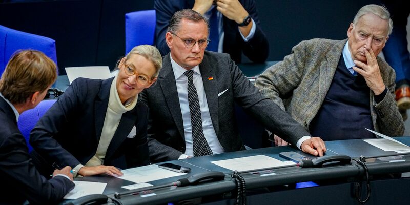 Die AfD-Chefs Alice Weidel und Tino Chrupalla nehmen zum 80. Jahrestag des Kriegsendes an einer Gedenkstunde im Bundestag teil. Am selben Tag kommt die Nachricht , dass der Verfassungsschutz vorläufig seine Einstufung der AfD als «gesichert rechtsextremistisch» auf Eis legt. - Foto: Kay Nietfeld/dpa