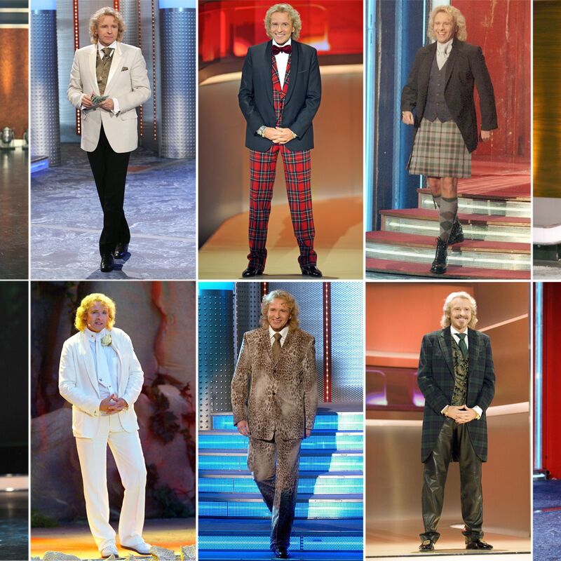 Die Bildkombo zeigt Moderator Thomas Gottschalk in verschiedenen Outfits beim Auftritt in der ZDF-Show «Wetten, dass..?» (Archivfotos).  - Foto: dpa
