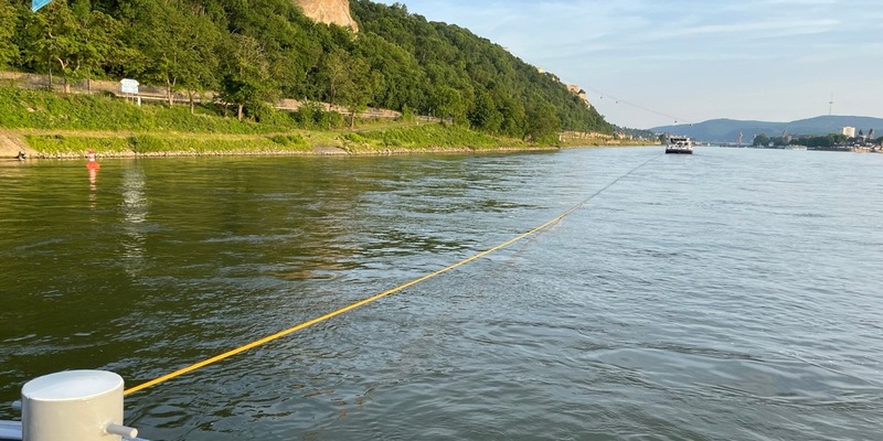 PP-ELT: Festfahrung eines Baggerschiffes an der Südspitze der Rheininsel Niederwerth - Foto: presseportal.de