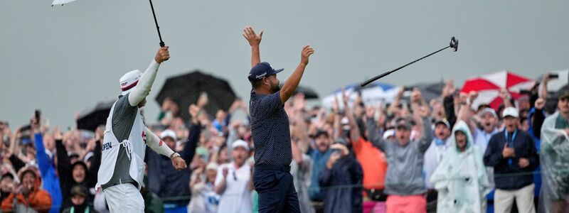 Spaun jubelt nach dem 20-Meter-Putt zum Sieg. - Foto: Carolyn Kaster/AP/dpa
