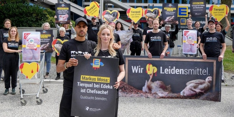 Fleisch-Attrappen und Riesenhühner: Tierschutzprotest sorgt für Trubel vor der Edeka-Zentrale - Foto: presseportal.de