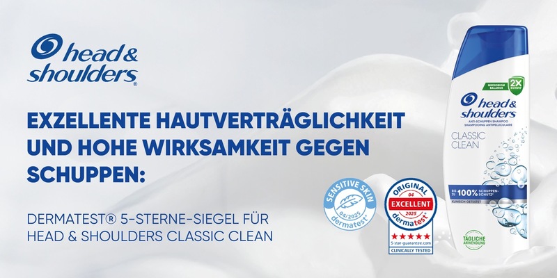 Exzellente Hautverträglichkeit und hohe Wirksamkeit gegen Schuppen: Dermatest® 5-Sterne-Siegel für Head & Shoulders Classic Clean - Foto: presseportal.de