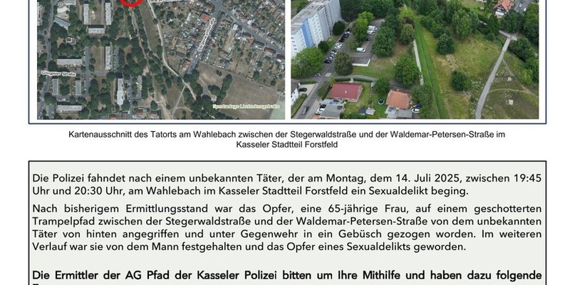 POL-KS: Folgemeldung zu Sexualdelikt am Wahlebach: Kripo richtet AG Pfad ein und sucht mit Fahndungsplakaten nach Zeugen - Foto: presseportal.de