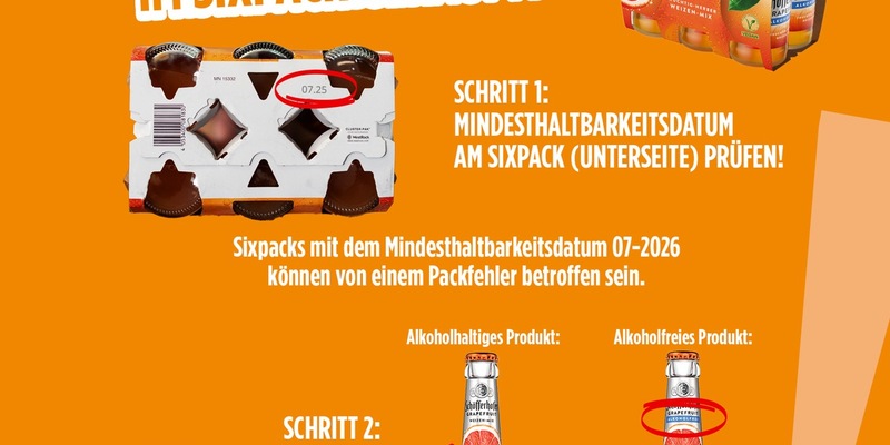 Die Schöfferhofer Weizenbier GmbH informiert über einen Verpackungsfehler / Einzelne Sixpacks von Schöfferhofer Weizen-Mix Grapefruit Alkoholfrei könnten alkoholhaltige Produktvariante enthalten - Foto: presseportal.de