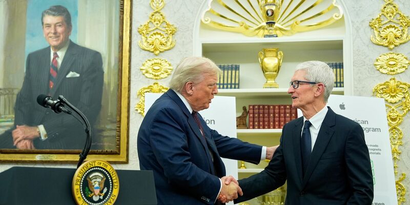 Apple-Chef Tim Cook brachte zusätzliche Investitionen von 100 Milliarden Dollar mit - und kann sich über eine Befreiung von Zöllen freuen. (Archivbild) - Foto: Alex Brandon/AP/dpa