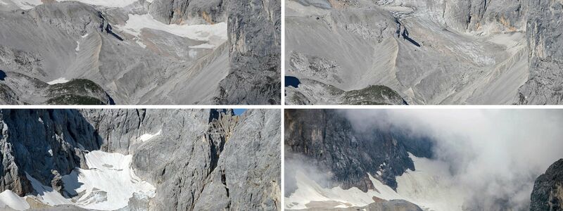 Der Höllentalferner in den Jahren 2021 bis 2024 (von links nach rechts in zwei Zeilen).  - Foto: Angelika Warmuth/Matthias Balk/dpa
