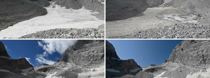 Der Watzmanngletscher in den Jahren 2021 bis 2024 (von links nach rechts in zwei Zeilen).  - Foto: Angelika Warmuth/dpa