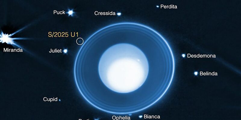Grafik auf Basis von James-Webb-Daten: Uranus mit seinen Ringen und bekannten Monden. Eingekreist ist der neu entdeckte, nur rund zehn Kilometer große Mond S/2025 U1. - Foto: -/NASA/dpa