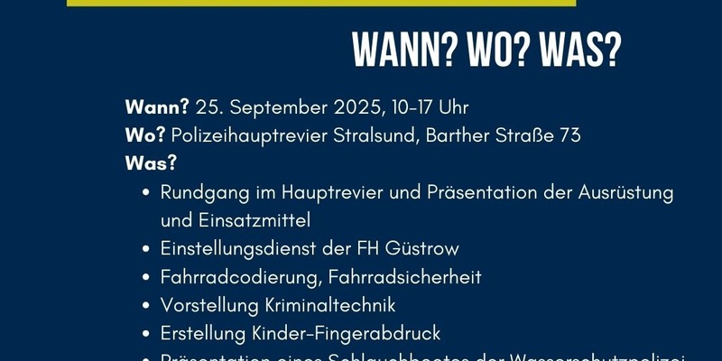 POL-NB: Blaulichttag im Polizeihauptrevier Stralsund am 25. September 2025 - Foto: presseportal.de