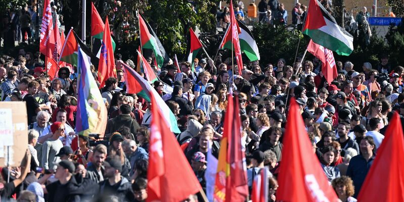 Menschen trugen Fahnen und Schilder. - Foto: Annette Riedl/dpa