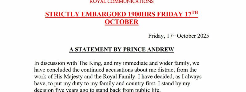 Die Erklärung zum Ende von Andrew als Herzog von York. - Foto: Buckingham Palace/PA Media/dpa