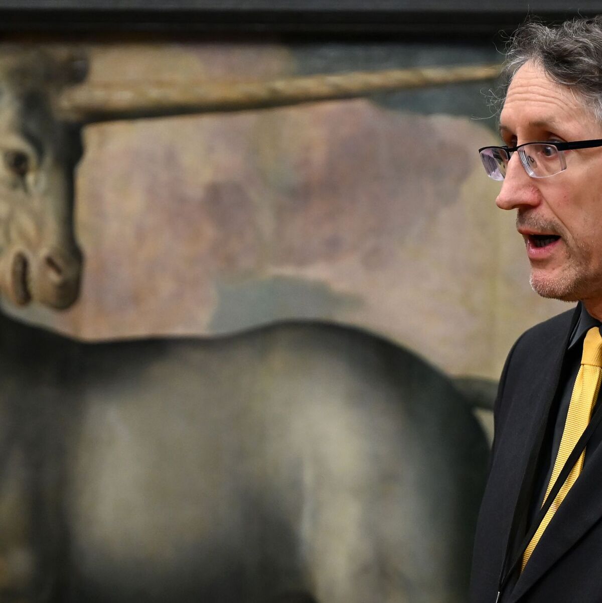 Der Historiker Michael Philipp klärt darüber auf, dass das Horn der Einhörner angeblich Vergiftungen heilen sollte.  - Foto: Lilli Förter/dpa