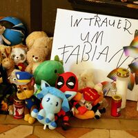 Kuscheltiere und Kerzen zum Gedenken an Fabian.  - Foto: Bernd Wüstneck/dpa