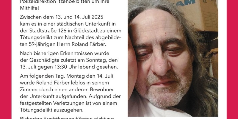 POL-IZ: 251107.4 Glückstadt: Belohnung für Zeugenhinweise nach Tötungsdelikt ausgelobt (Folgemeldung zu 251103.3) - Foto: presseportal.de