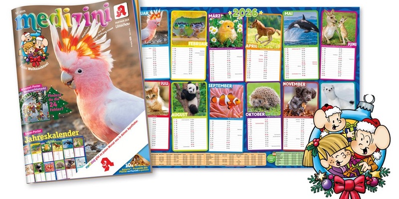 Super-Poster-Jahreskalender 2026, Wimmelspaß auf dem Weihnachtsmarkt und kreative Bastelideen: So vielseitig ist das neue medizini! - Foto: presseportal.de
