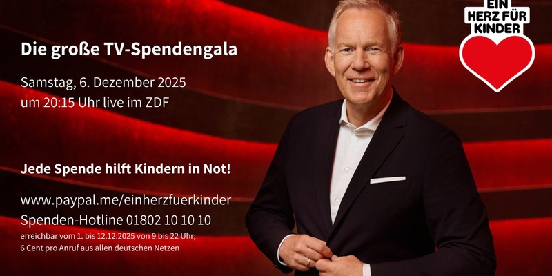 Stars und Emotionen: TV-Spendenshow Ein Herz für Kinder am 6. Dezember um 20:15 zum 25. Mal live im ZDF / Backstage-Show mit Social Media-Stars ab 16:30 vorab bei BILD.de / #ehfk - Foto: presseportal.de
