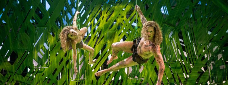 Vater und Sohn schwingen sich an Lianen durch den Dschungel. - Foto: Johan Persson/Stage Entertainment/dpa