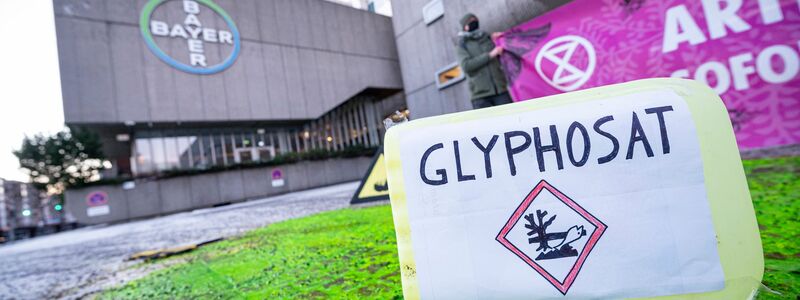 Ein Plastikcontainer mit der Aufschrift Glyphosat bei einer Protestaktion vor dem Eingang des Chemiekonzerns Bayer. (Archivbild) - Foto: Fabian Sommer/dpa