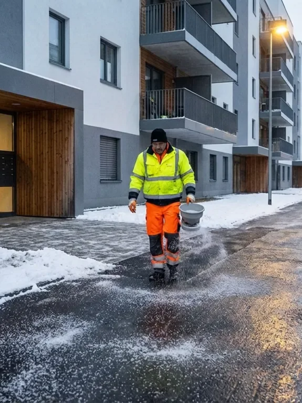 Professional winter worker spreading salt outside a building