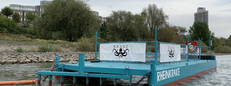 Die Müllfalle – genannt Rheinkrake – schwimmt an ihrer Position auf dem Rhein in Köln. (Archivbild) - Foto: Leandra Hamann/Universität Bonn/dpa