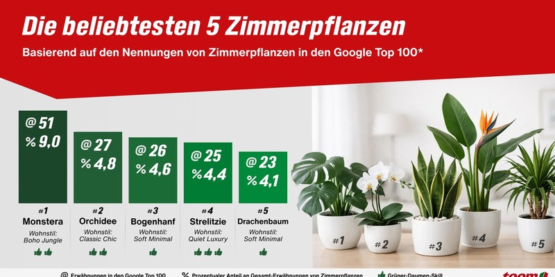 Zimmerpflanzen Trends 2026: Diese Pflanzen sind besonders beliebt /toom klärt auf: warum für gesundes Wachstum das Zusammenspiel aus Pflanze, Erde und Pflege entscheidend ist - Foto: presseportal.de