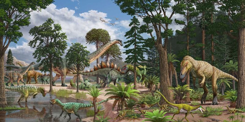 Künstlerische Darstellung des Ökosystems der Dry Mesa Dinosaur Quarry vor etwa 150 Millionen Jahren im heutigen US-Staat Colorado - Foto: Sergey Krasovskiy; Pedro Salas/EurekAlert/dpa