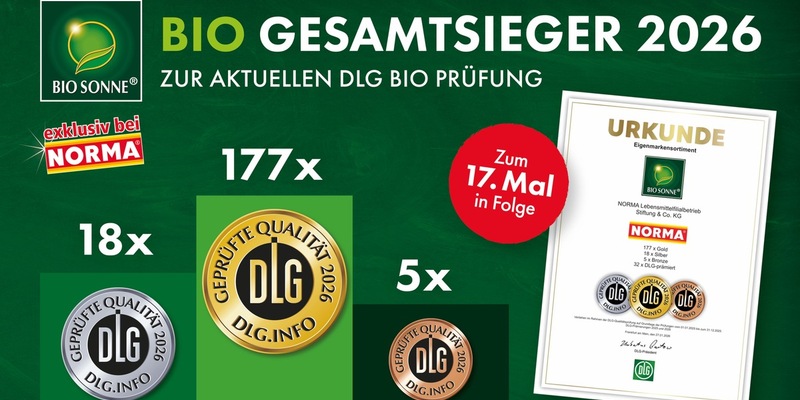 NORMA einfach Spitze auf der BIOFACH 2026: Insgesamt 200 DLG-Medaillen für die Eigenmarke BIO SONNE / Fränkischer Discounter erneut Bio-Gesamtsieger 2026 - Foto: presseportal.de