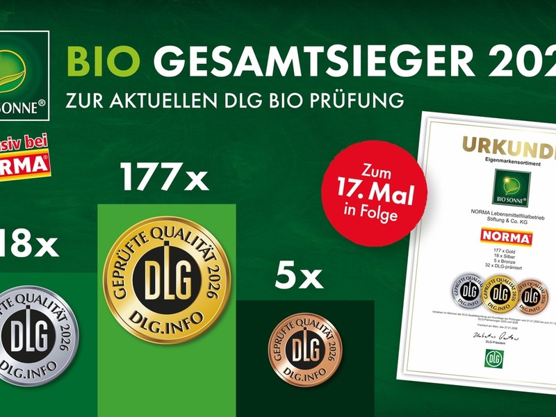 NORMA einfach Spitze auf der BIOFACH 2026: Insgesamt 200 DLG-Medaillen für die Eigenmarke BIO SONNE / Fränkischer Discounter erneut Bio-Gesamtsieger 2026 - Foto: presseportal.de