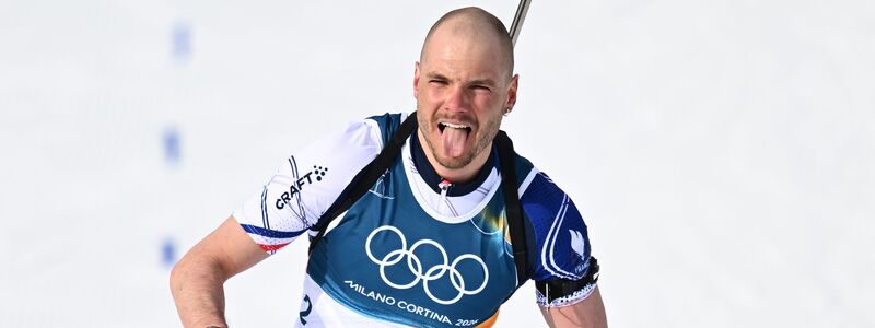 Emilien Jacquelin machte sich über seinen Konkurrenten Laegreid lustig.  - Foto: Hendrik Schmidt/dpa