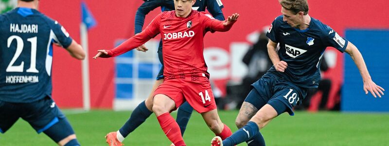 Yuito Suzuki und Freiburg: Von Hoffenheimern umzingelt.   - Foto: Uwe Anspach/dpa