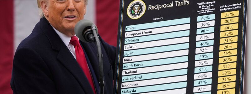Trump bei der Vorlage seines globalen Zollpakets im April 2025. Er kündigte schon neue weltweite Abgaben an (Archivbild) - Foto: Mark Schiefelbein/AP/dpa