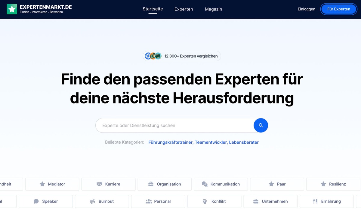 Expertenmarkt.de schafft Transparenz: Neue Plattform für Berater, Coaches und Spezialisten startet mit knapp 12.000 Anbietern