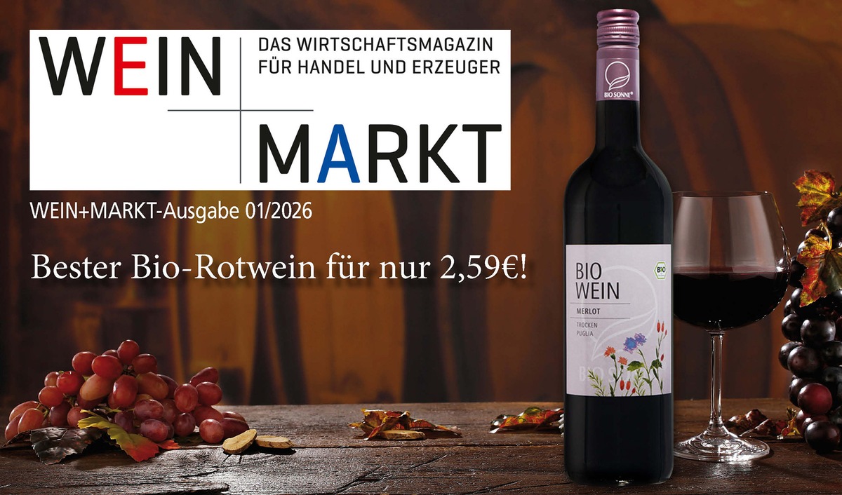 Bester Bio-Rotwein: BIO SONNE Merlot Puglia IGP von NORMA setzt sich an die Spitze von 118 Produkten / Unabhängiger Test von WEIN+MARKT - 1. Platz im Ranking