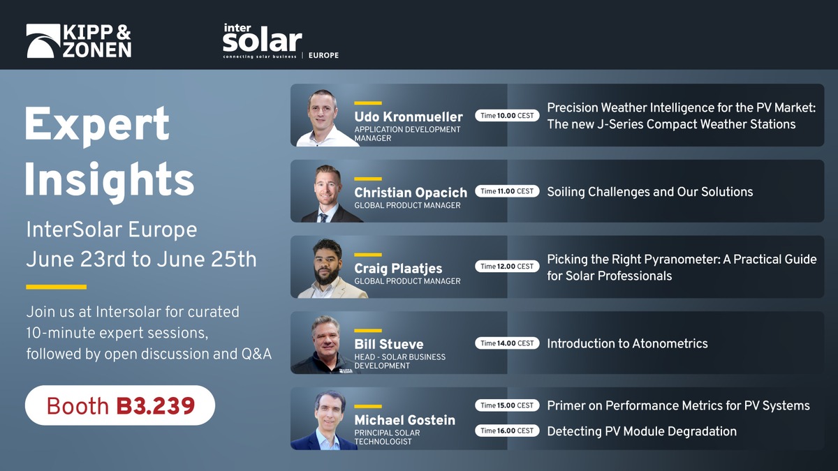 Impulsvorträge zur Messung von Soiling, Sonneneinstrahlung und Leistung: Kipp & Zonen stellt sein umfassendes Portfolio auf der Intersolar Europe 2026 vor