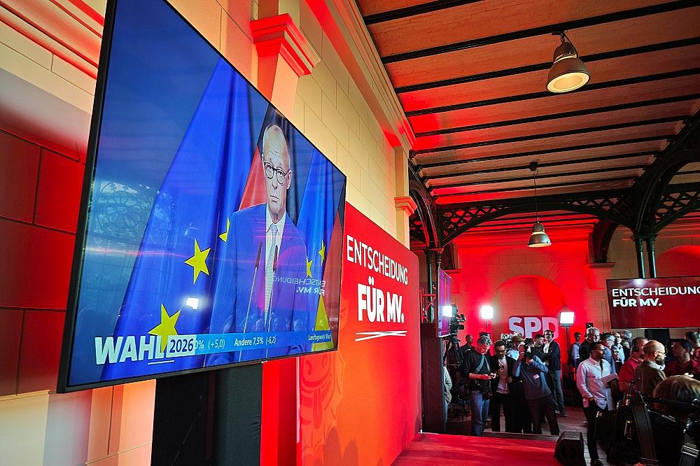 Friedrich Merz auf Monitor bei SPD-Wahlparty in Schwerin am 20.09.2026 via dts Nachrichtenagentur